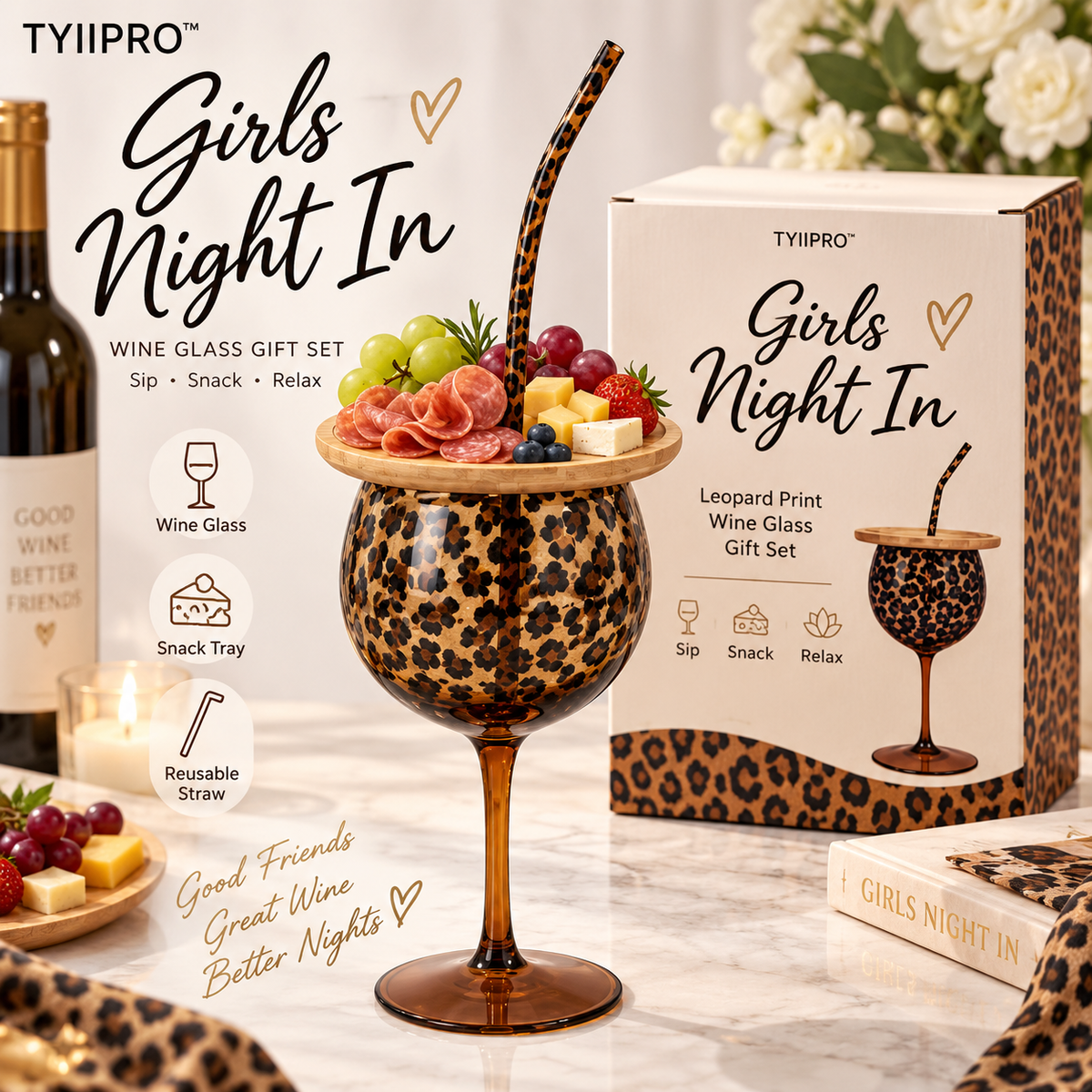 Leopard Print Wine Glass Set with Snack Tray & Reusable Straw – 20.6 oz Girls’ Night Gift Set