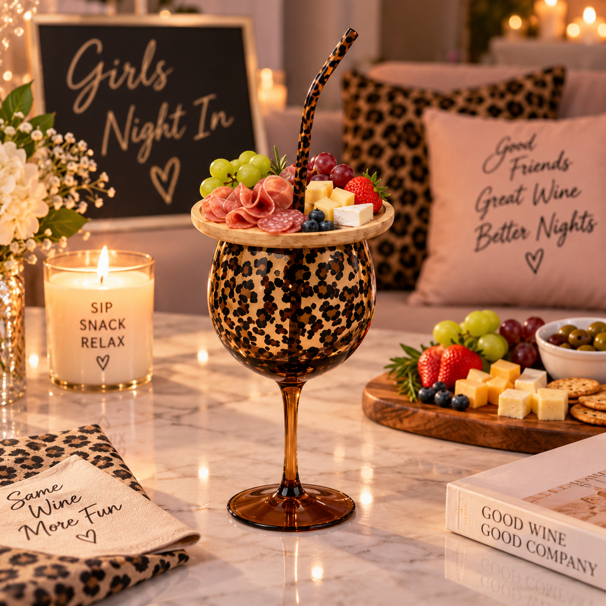 Leopard Print Wine Glass Set with Snack Tray & Reusable Straw – 20.6 oz Girls’ Night Gift Set