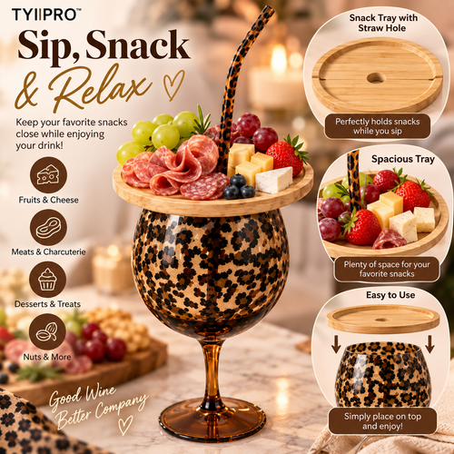 Leopard Print Wine Glass Set with Snack Tray & Reusable Straw – 20.6 oz Girls’ Night Gift Set