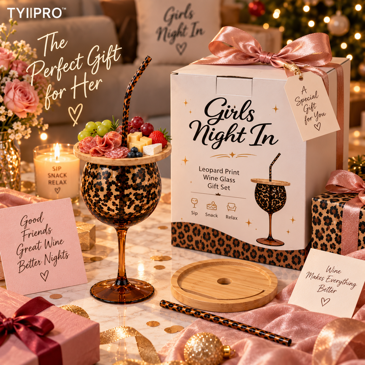 Leopard Print Wine Glass Set with Snack Tray & Reusable Straw – 20.6 oz Girls’ Night Gift Set