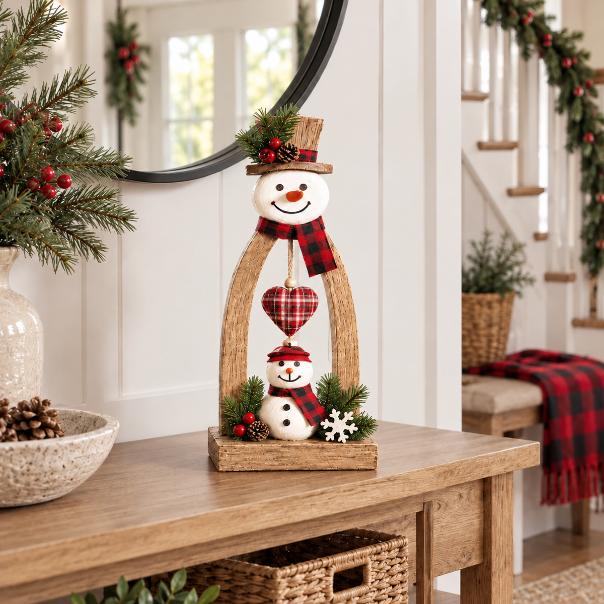 🔥😍Farmhouse Wooden Snowman Christmas Decor – Rustic Tabletop Figurines with Plaid Details