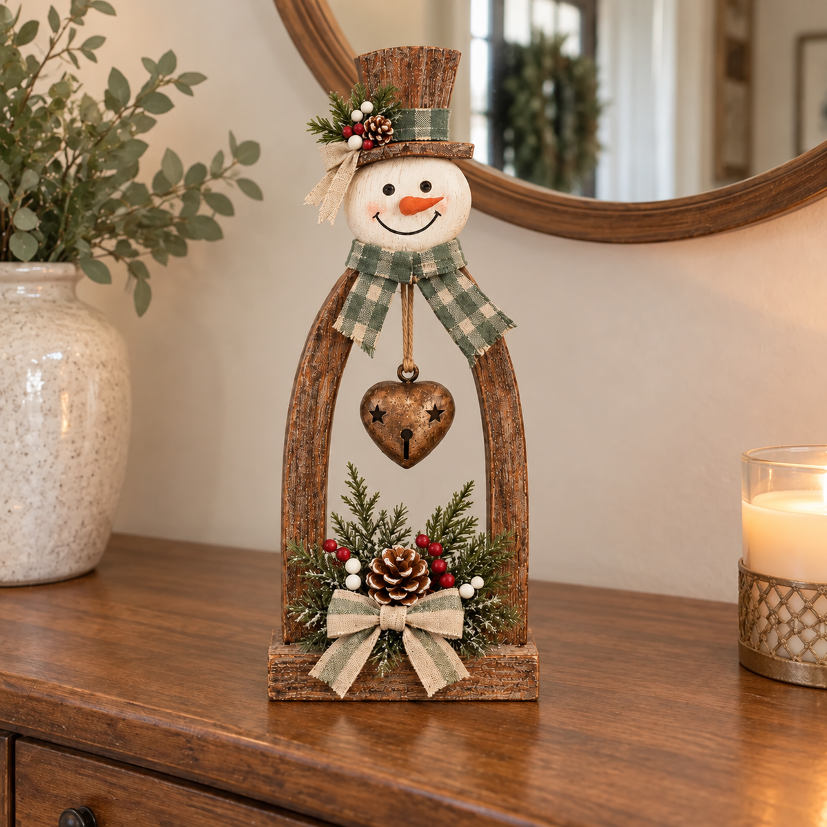 🔥😍Farmhouse Wooden Snowman Christmas Decor – Rustic Tabletop Figurines with Plaid Details