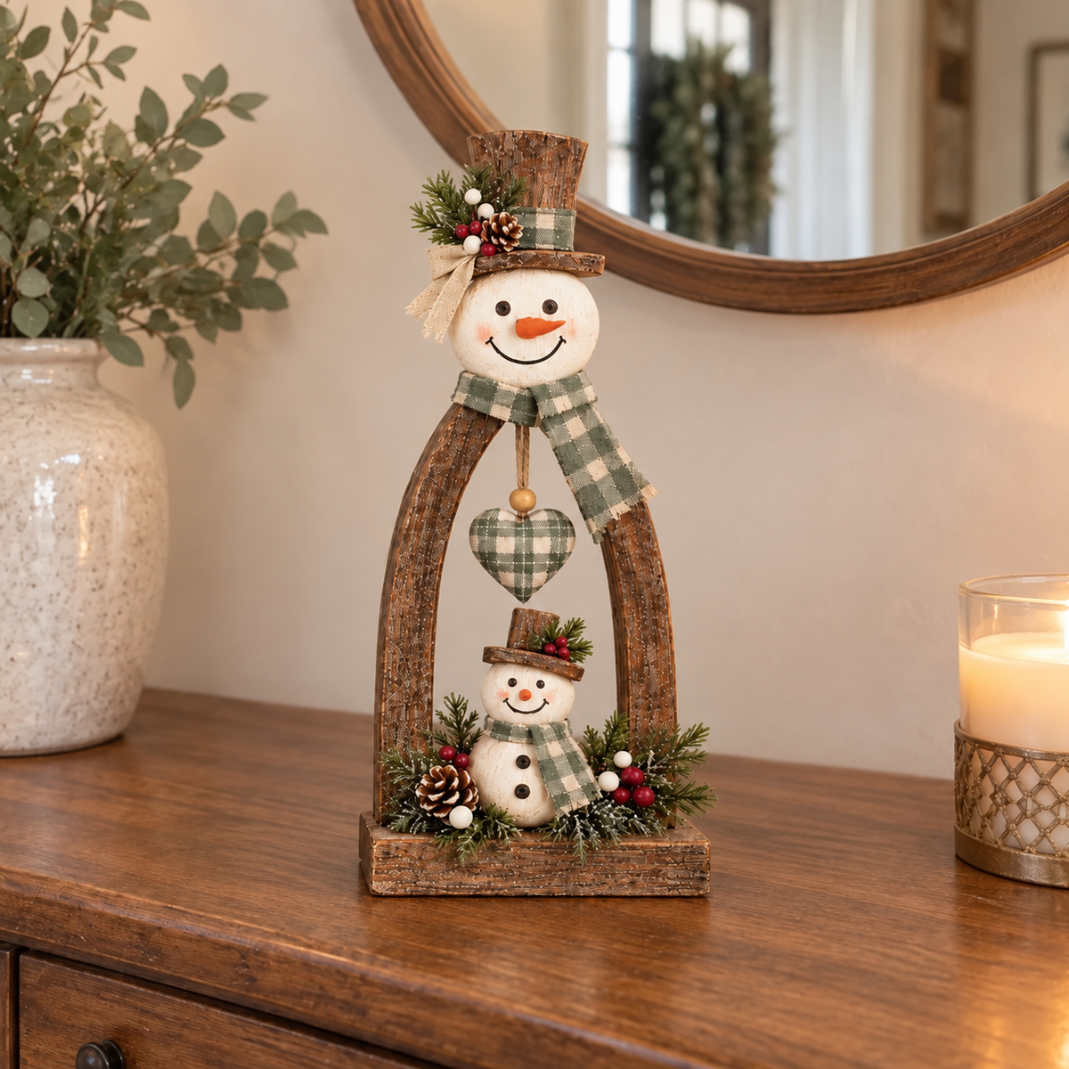 🔥😍Farmhouse Wooden Snowman Christmas Decor – Rustic Tabletop Figurines with Plaid Details