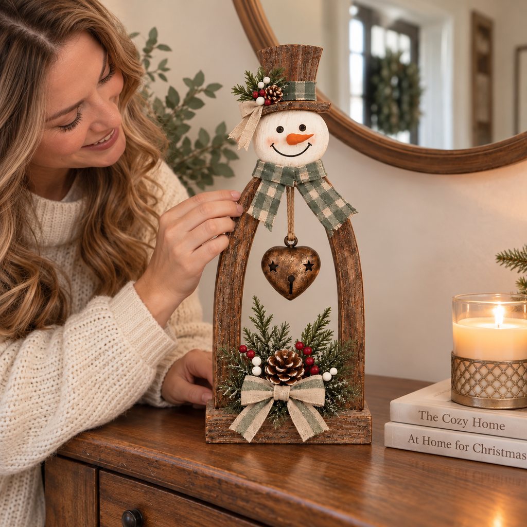 🔥😍Farmhouse Wooden Snowman Christmas Decor – Rustic Tabletop Figurines with Plaid Details
