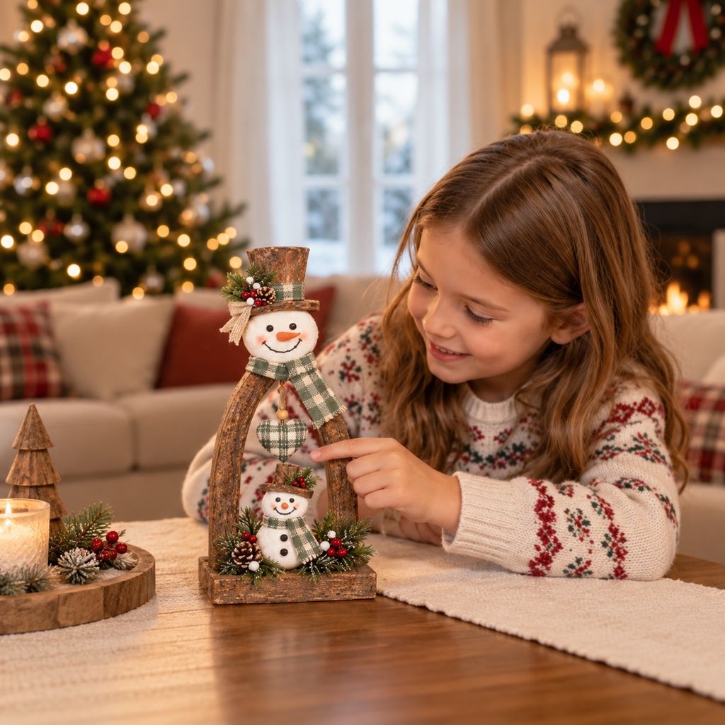 🔥😍Farmhouse Wooden Snowman Christmas Decor – Rustic Tabletop Figurines with Plaid Details