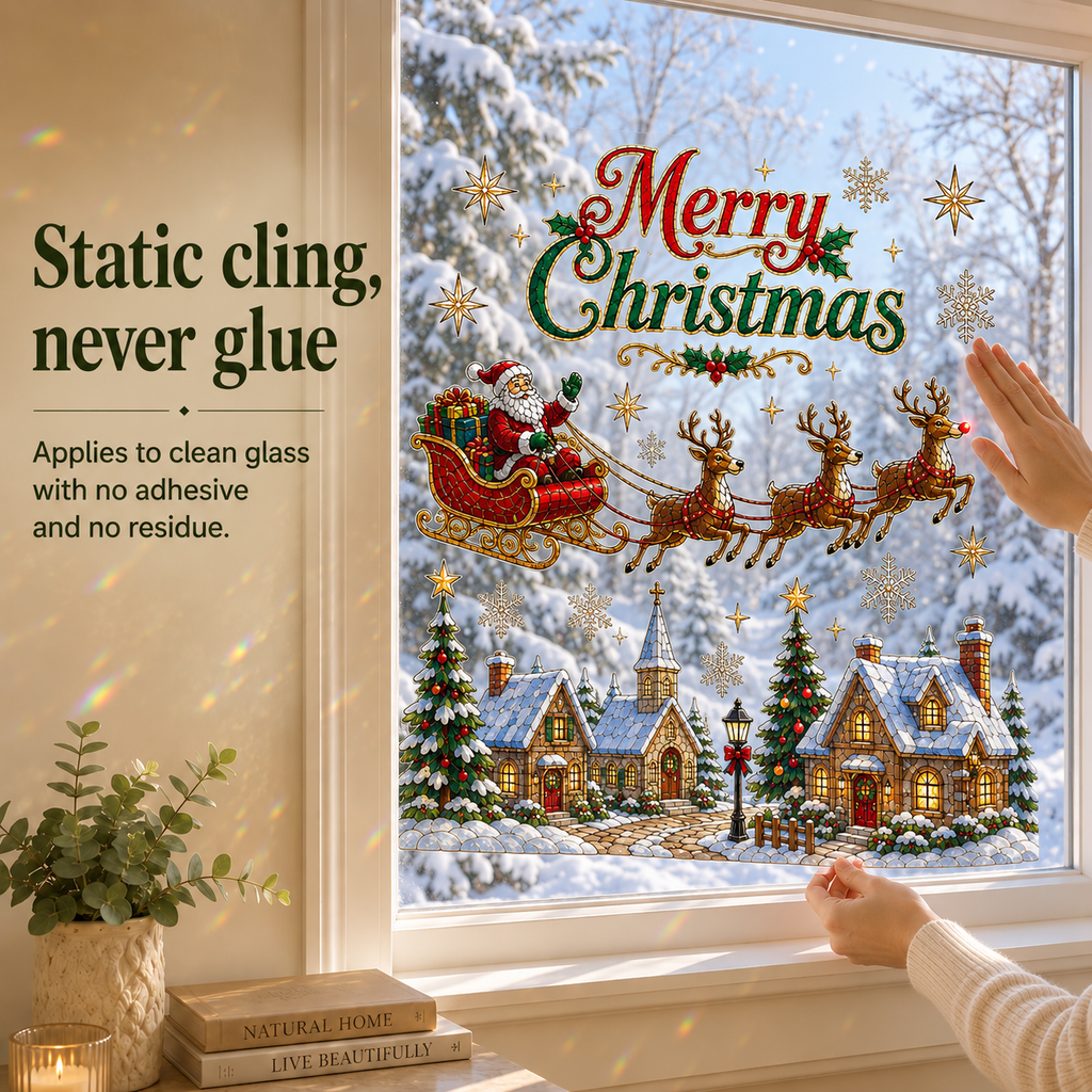 🔥LAST DAY 50% OFF - 🎄 Christmas Suncatcher Window Clings | 28 × 28 in Stained Glass Style✨
