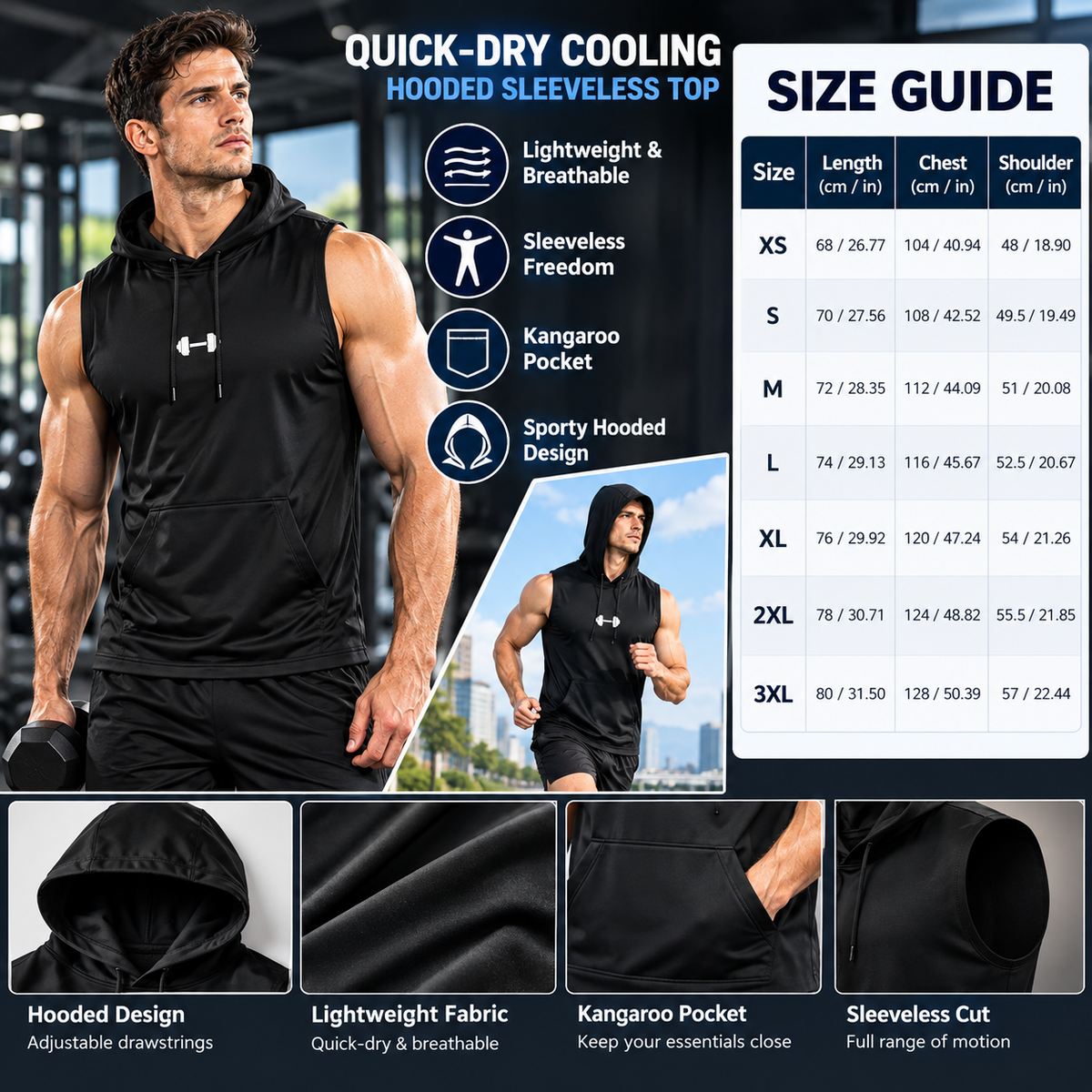 Men's Quick-Dry Hooded Sleeveless Tank Top – Lightweight Athletic Workout Shirt
