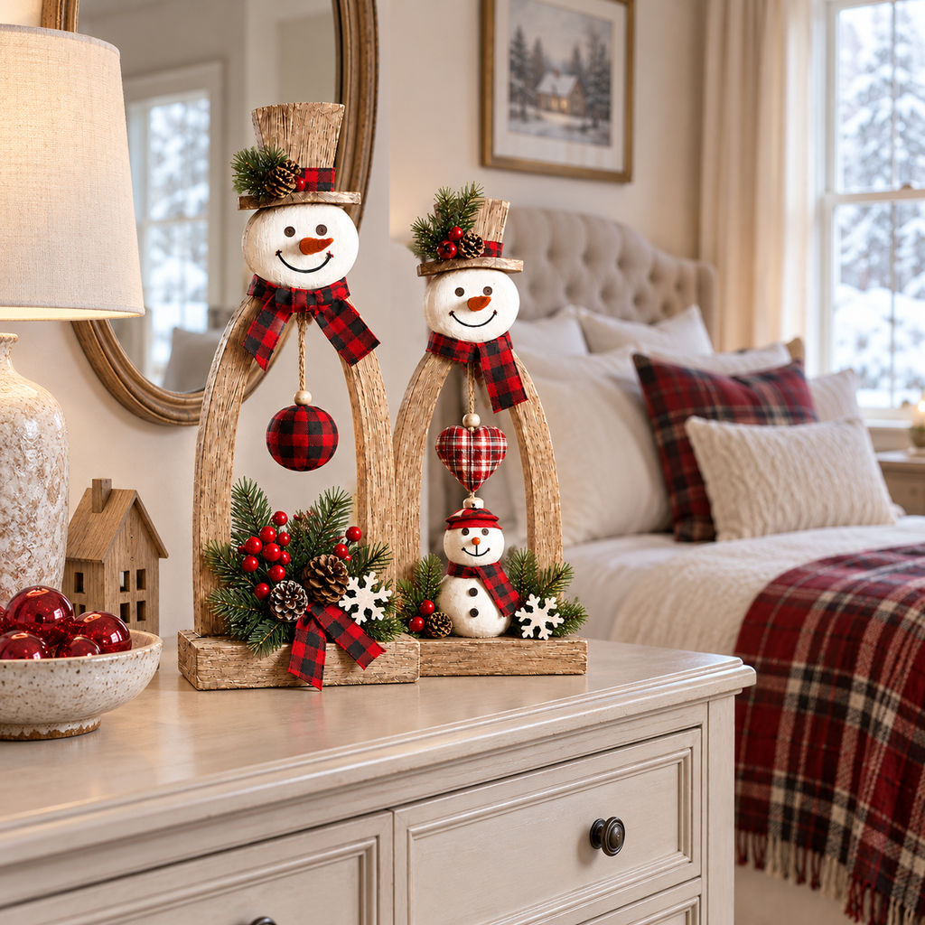 🔥😍Farmhouse Wooden Snowman Christmas Decor – Rustic Tabletop Figurines with Plaid Details