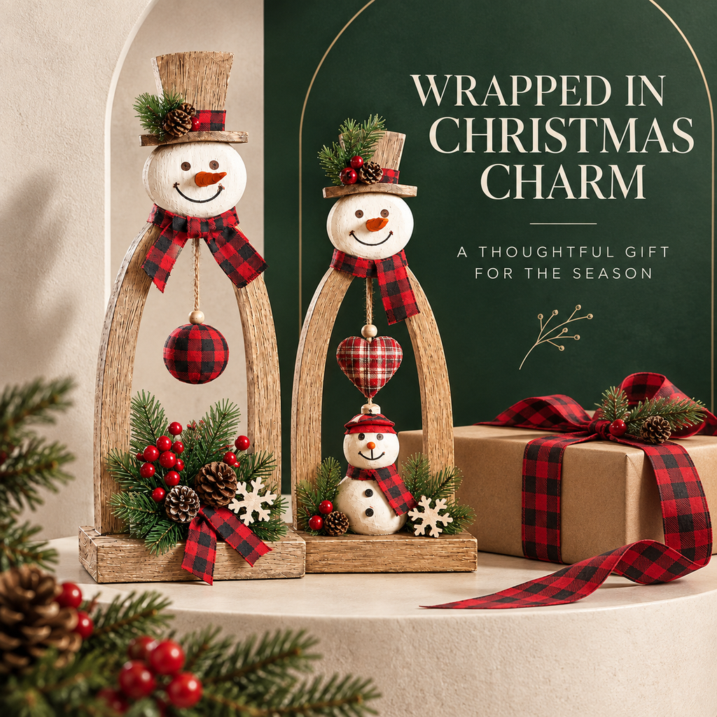 🔥😍Farmhouse Wooden Snowman Christmas Decor – Rustic Tabletop Figurines with Plaid Details