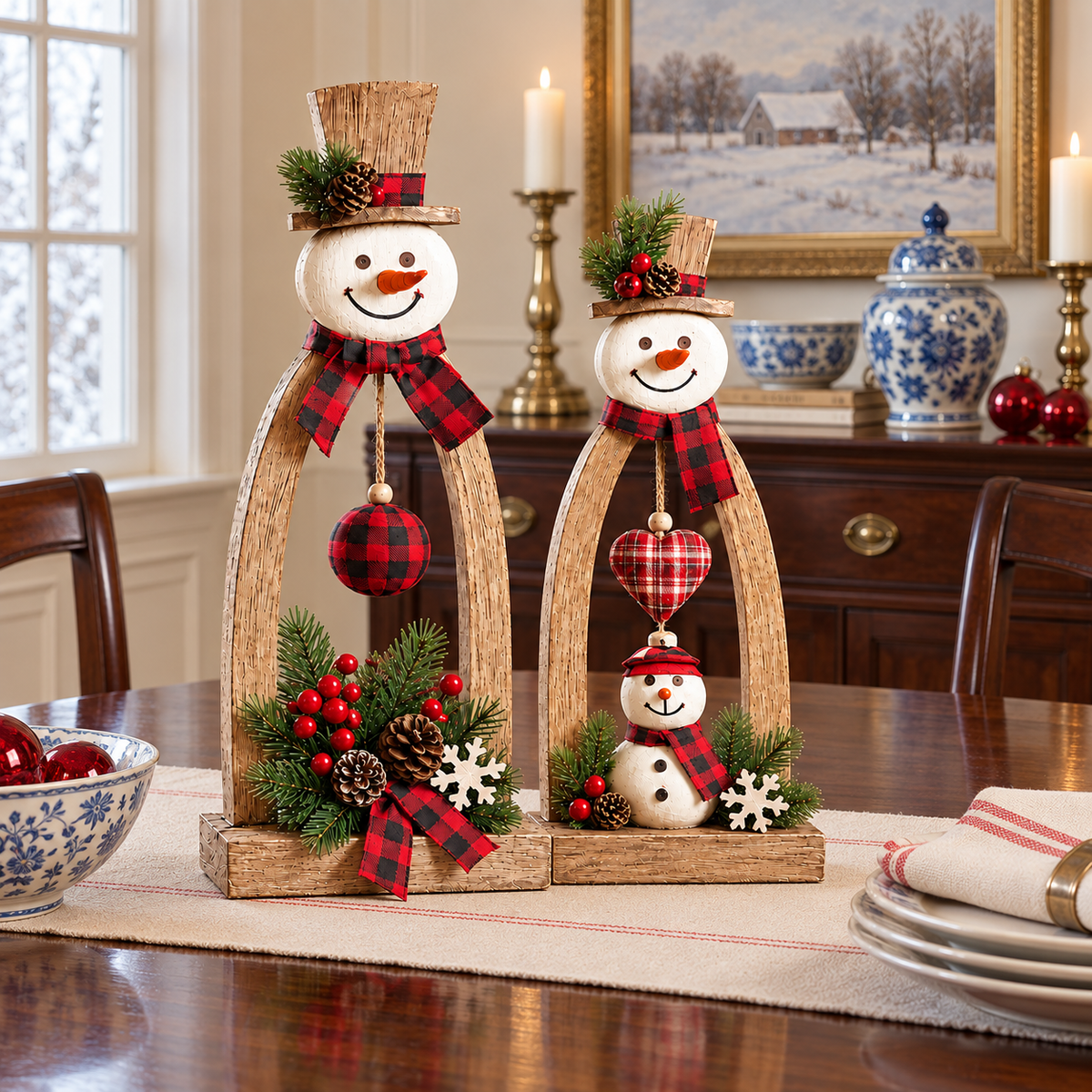 🔥😍Farmhouse Wooden Snowman Christmas Decor – Rustic Tabletop Figurines with Plaid Details