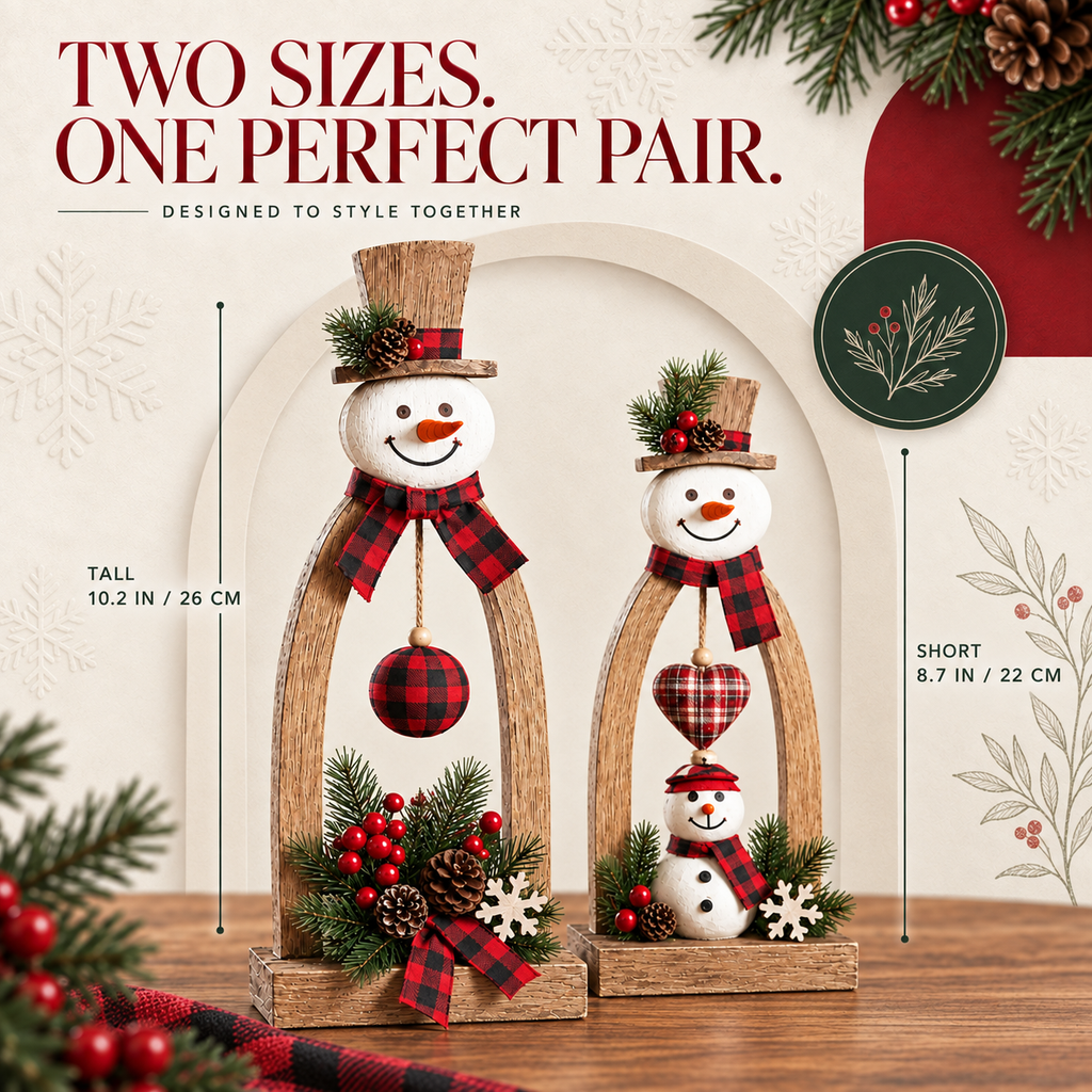 🔥😍Farmhouse Wooden Snowman Christmas Decor – Rustic Tabletop Figurines with Plaid Details