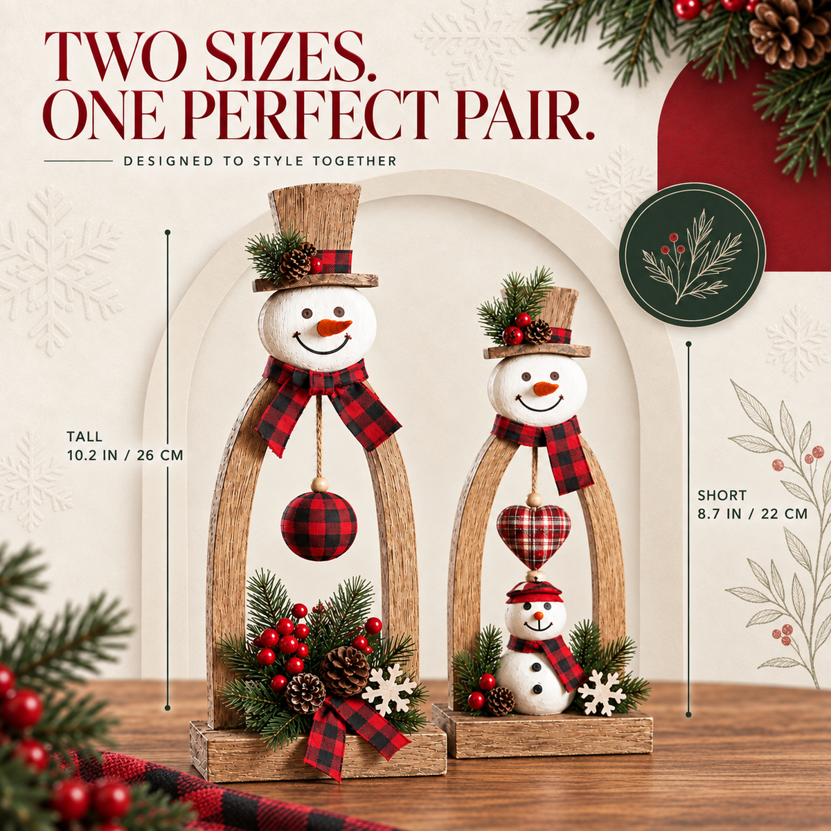🔥😍Farmhouse Wooden Snowman Christmas Decor – Rustic Tabletop Figurines with Plaid Details
